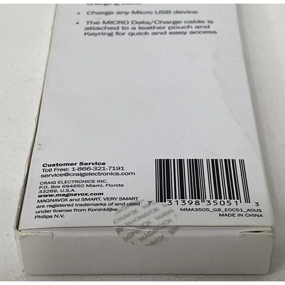 Magnavox Keyring with Micro USB to Standard USB Charging Cable New Sealed Box